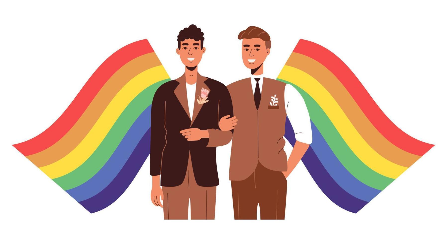 Gay wedding. Two men in love and rainbow lgbt flags. Beautiful men in a tuxedo vector