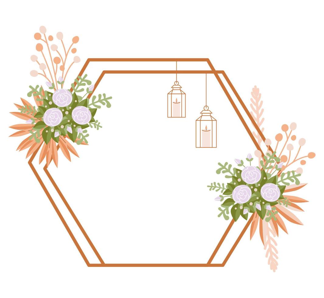 Wedding arch with flowers. Golden hexagon with roses. Dried flowers, lanterns and roses. Ceremony vector