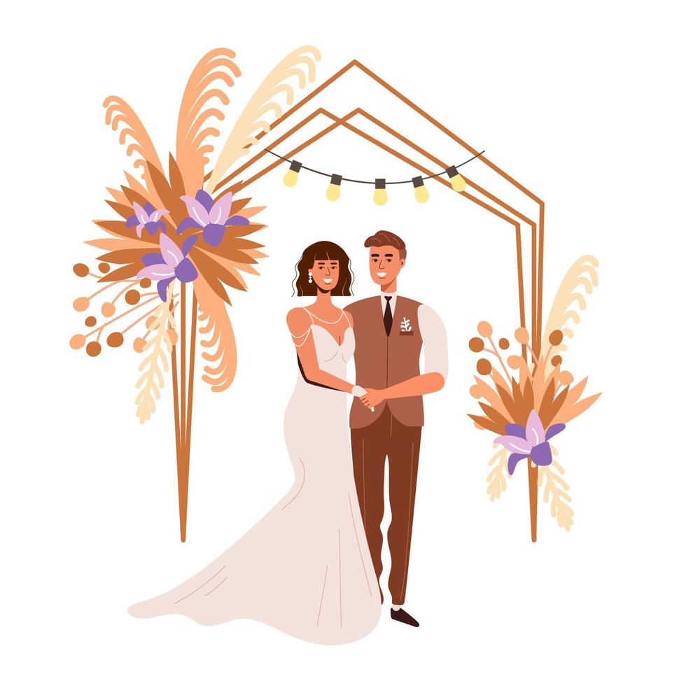 una chica con un vestido blanco y un joven. la novia y el novio. arco de boda en estilo boho. flores, ceremonia vector