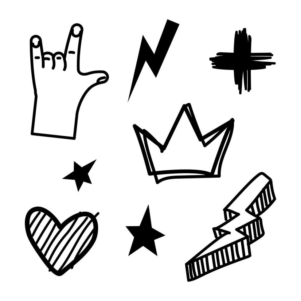 un conjunto de elementos punk pintados. doodle rock, gesto, relámpago, corazón, estrella y cuernos. que mola vector