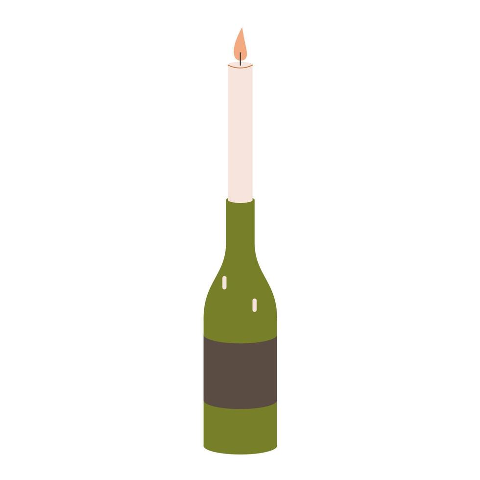 A bottle, a candlestick and a candle. Wedding decor for a cozy evening. Table decoration. Serving vector