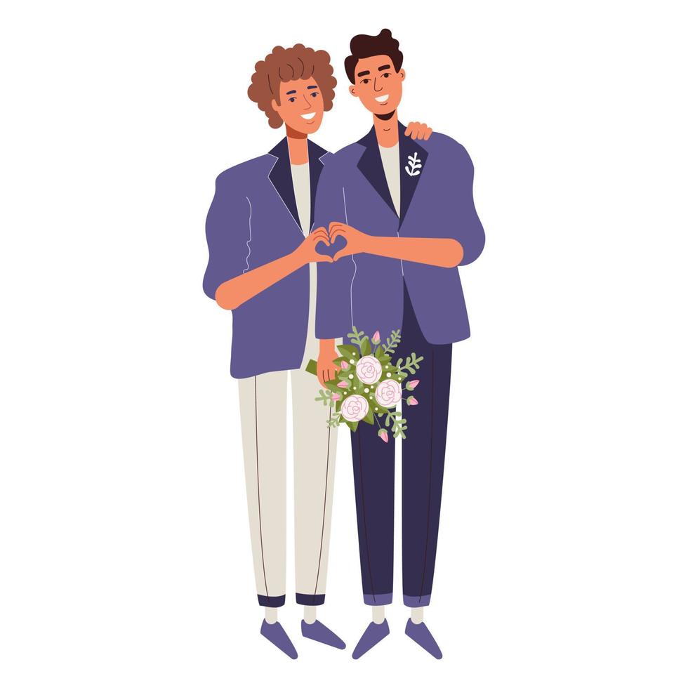 Gay lovers get married. Congratulations to the grooms. Guys in purple suits showing a heart vector