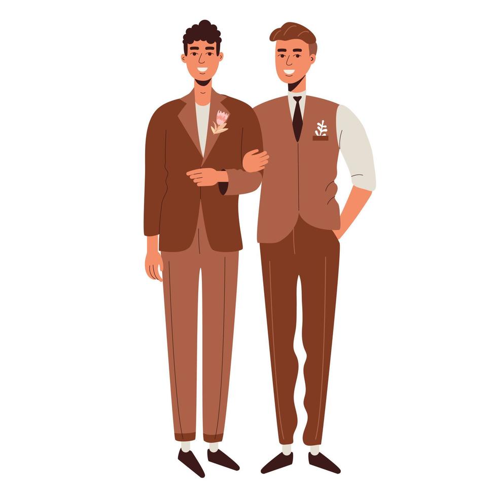 dos hombres homosexuales con trajes marrones. boda lgbt felicidades a los recién casados. amor y orgullo vector