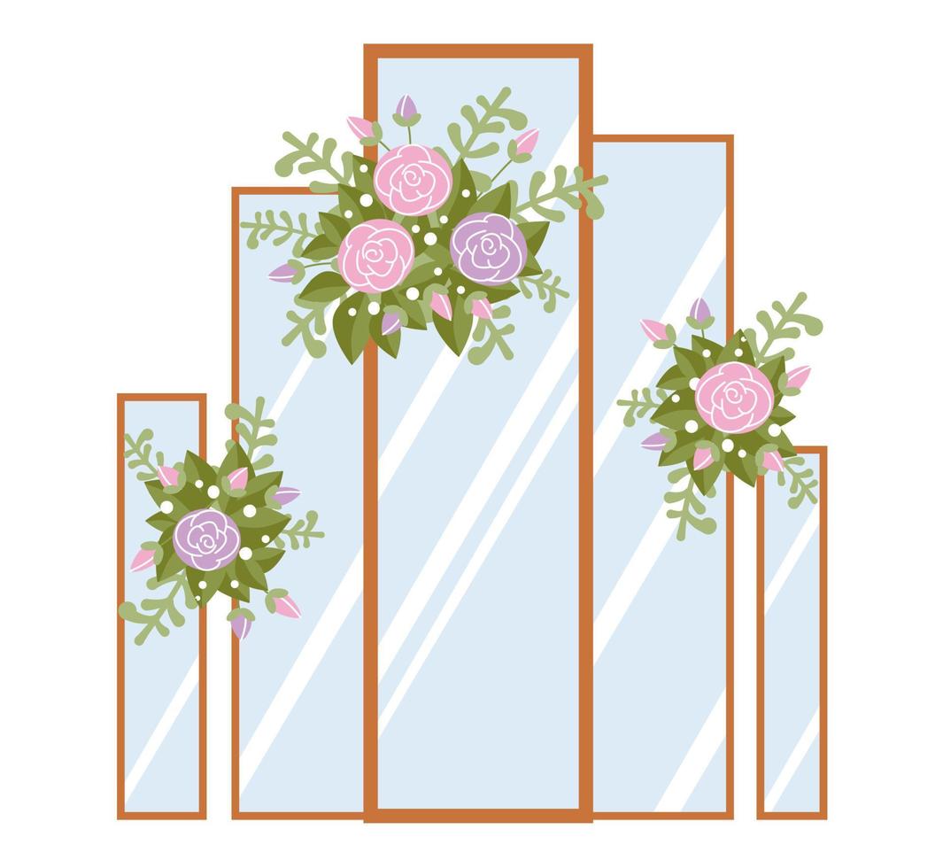 arco de boda con flores. espejos y rosas. una ceremonia para la novia y el novio. hermosa decoración para evento vector