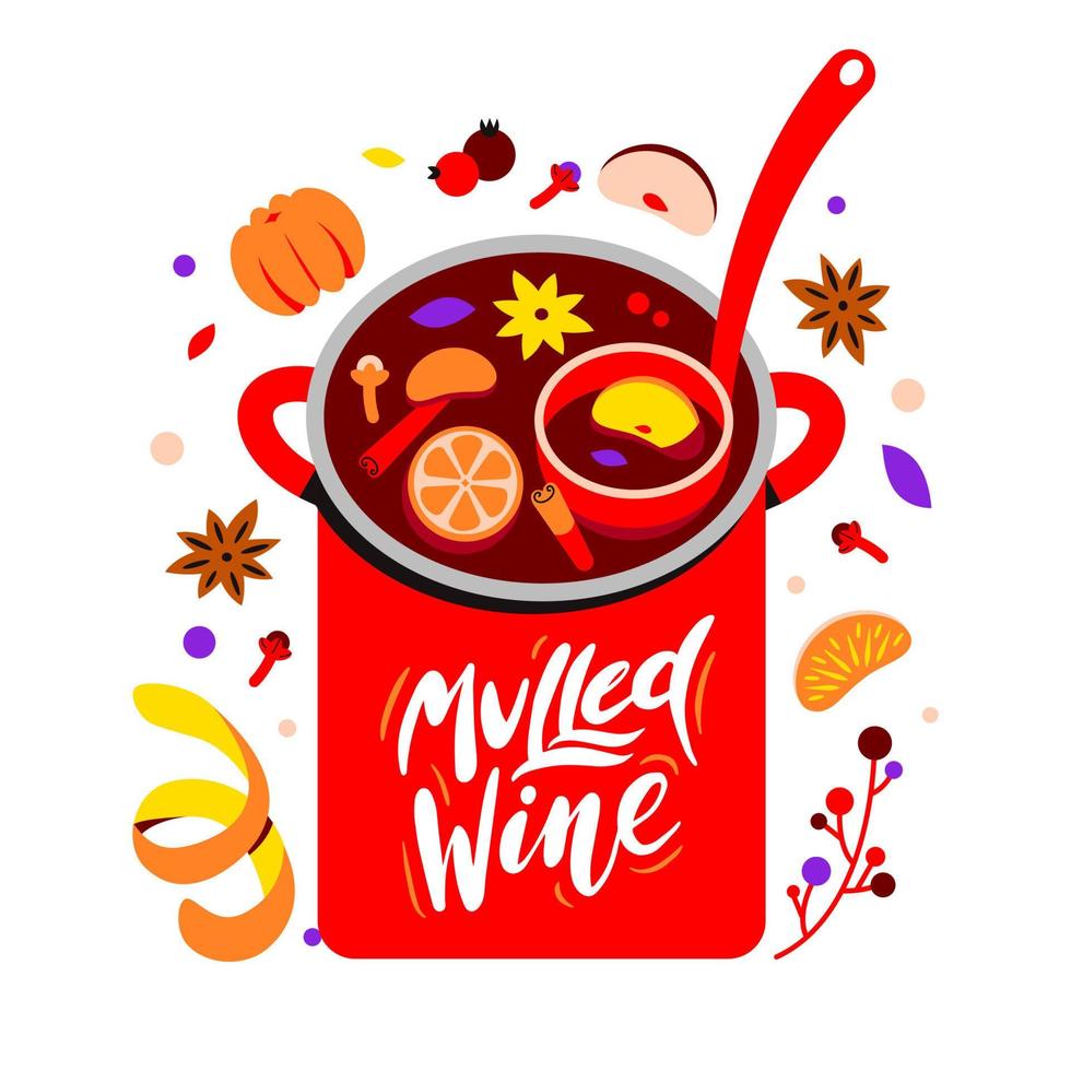 Recipe for making a hot winter drink. Christmas mulled wine from wine and spices in a saucepan vector