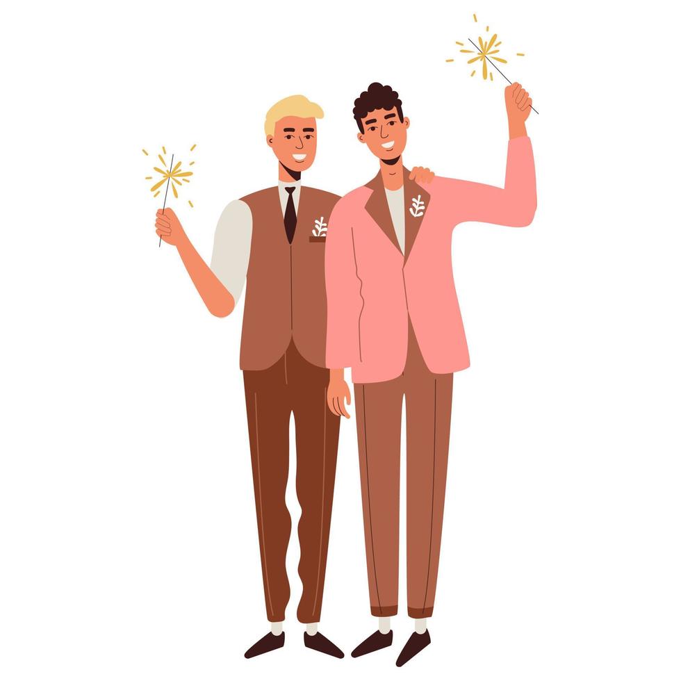 dos amantes homosexuales. boda lgbt hermosos chicos con flores con bengalas en esmóquines vector