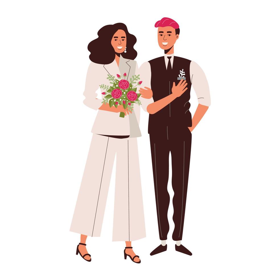 An unconventional wedding couple. The bride and groom in a white suit. Congratulations on the wedding. Bouquet of roses vector