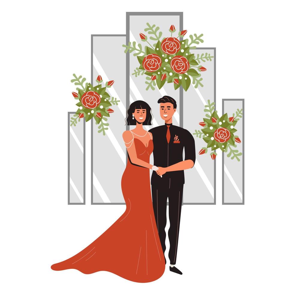 marido y mujer en la boda. la ceremonia de entrega de premios en un vestido rojo. decoración de la boda los novios bailan el tango vector