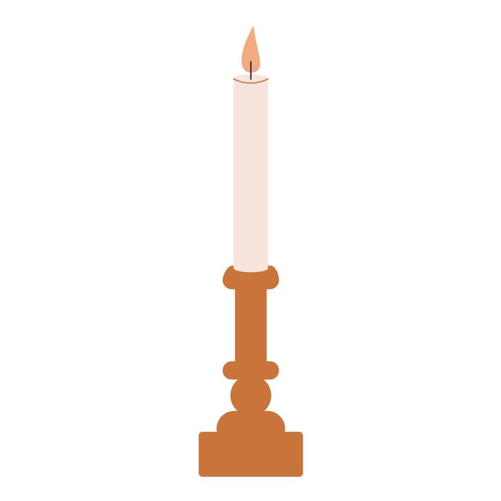 A candle and a candlestick for a cozy dinner. Wedding decor. wax and wooden decoration vector