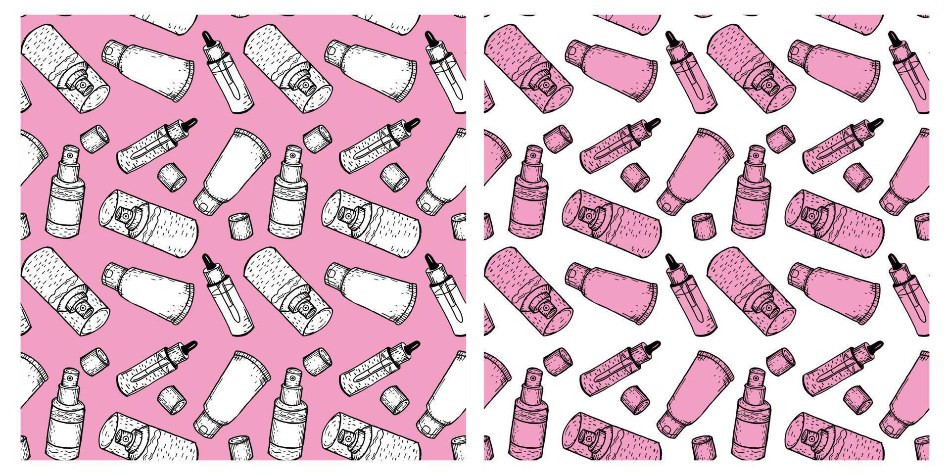 A set of seamless pink and white patterns. Beauty cosmetics, bottles, cream, makeup. Women's stuff vector