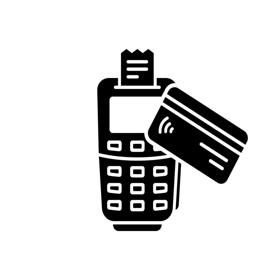 Credit Card with Pos Silhouette Icon. Banking Terminal for Cashless Payment Glyph Pictogram. Finance Machine Electronic Money Transaction Icon. Pay Pass Checkout Symbol. Isolated Vector Illustration.
