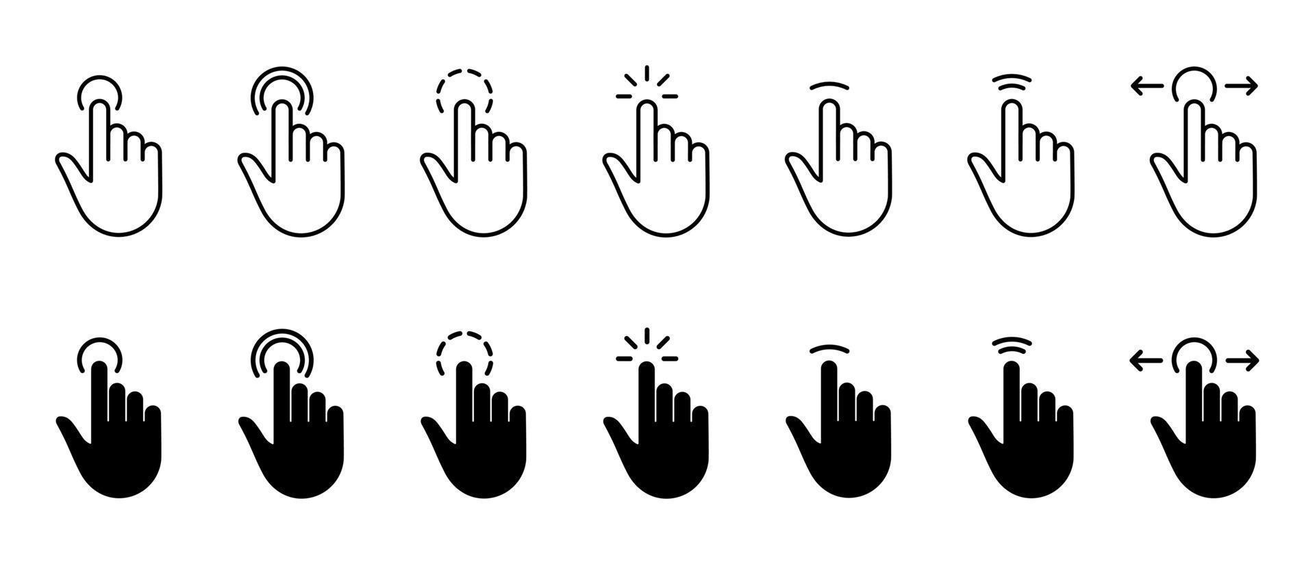 línea de dedo del cursor del ratón del ordenador y conjunto de iconos de silueta. gesto de puntero de mano en el conjunto de pictogramas negros del sitio web. haga clic en presione toque dos veces toque el signo de punto de deslizamiento. ilustración vectorial aislada. vector