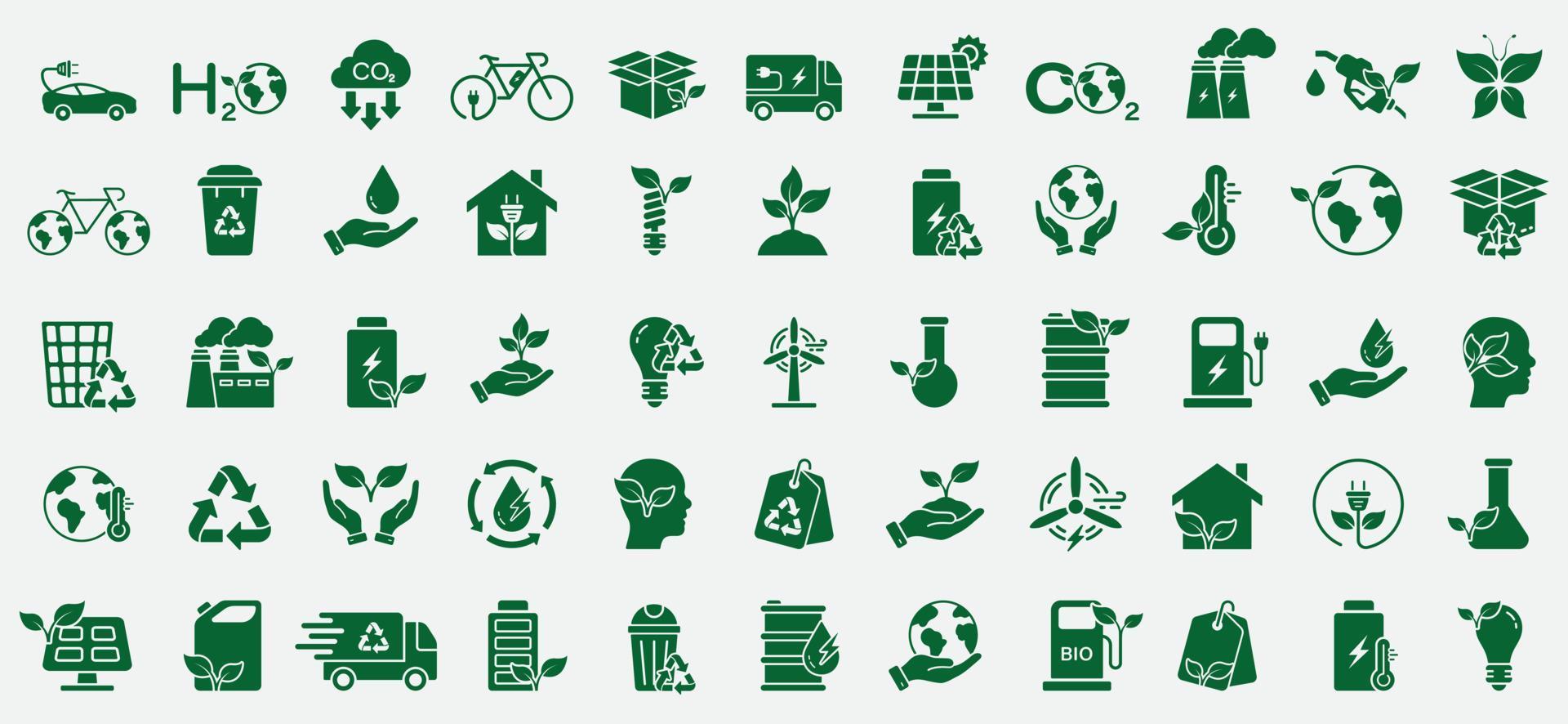 Save Environmental Ecology Silhouette Icon Set. Eco House, Car, Factory Clean Natural Environment Symbol. Solar Electric Renewable Power. Green Energy Glyph Pictogram. Isolated Vector Illustration.