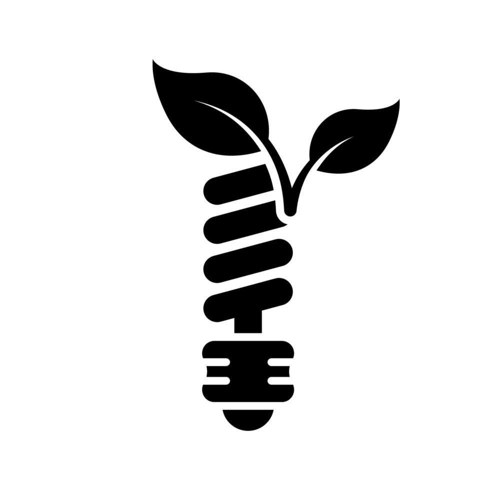Low-Energy Spiral Light Bulb Electric Power Silhouette Icon. Eco Electricity Lightbulb with Leaf Glyph Pictogram. Ecology Fluorescent Lamp Icon. Environment Conservation. Isolated Vector Illustration.