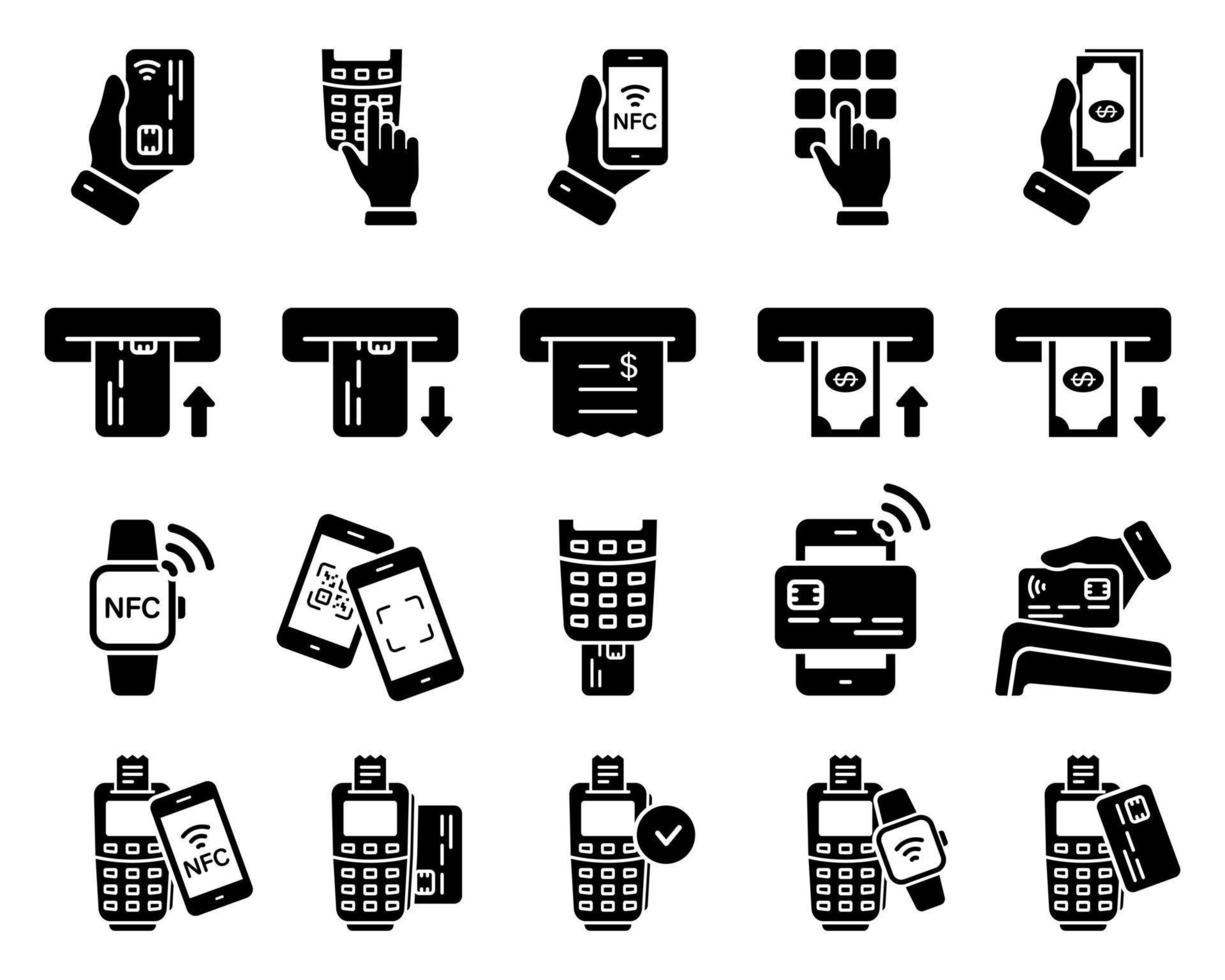 Contactless Payment by Mobile Phone, Credit Card on POS Silhouette Icon Set. Cashless Wireless Pay Transaction by NFC Technology Glyph Pictogram. ATM Withdraw Icon. Isolated Vector Illustration.