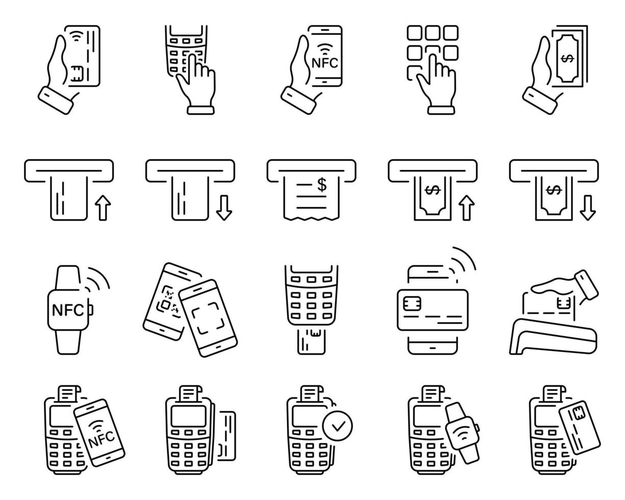 Cashless Wireless Pay Transaction by NFC Technology Line Icon Set. Contactless Payment by Mobile Phone, Credit Card on POS. ATM Money Withdraw Icon. Editable Stroke. Isolated Vector Illustration.