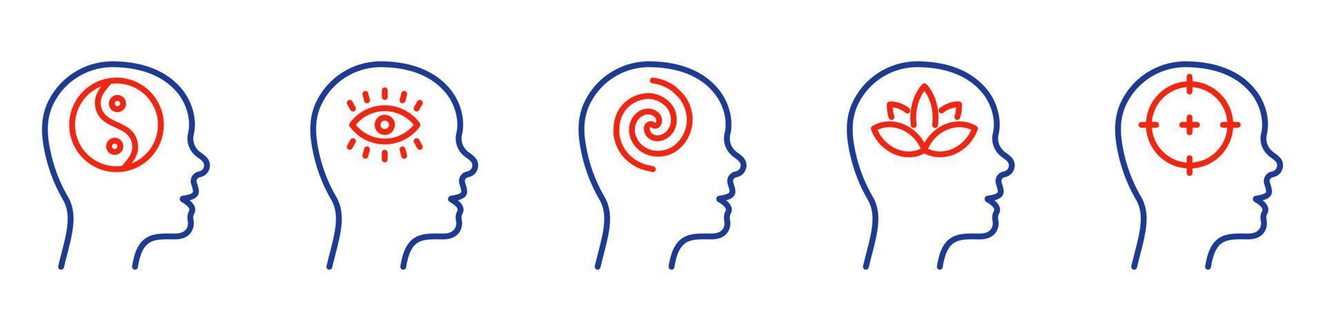 Brain Balance Harmony in Head Line Icon. Illuminati Eye, Target, Lotus Khamsa, Yin Yang Linear Pictogram. Peace in Human Head Concept Outline Icon. Editable Stroke. Isolated Vector Illustration.