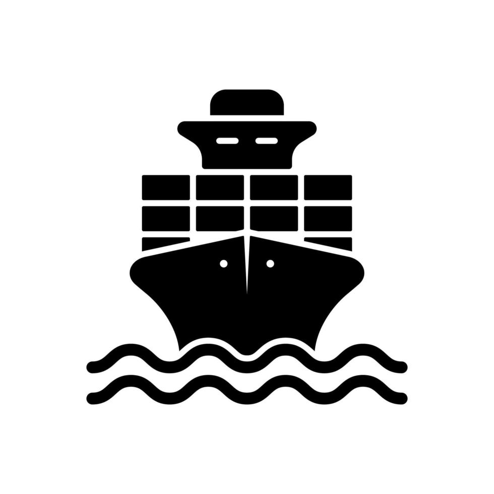 Cargo Ship Delivery Black Silhouette Icon. Sea Boat Vessel Glyph Pictogram. Freight Marine Container Delivery Symbol. Big Cruise Yacht Shipping. Water Transport. Isolated Vector Illustration.