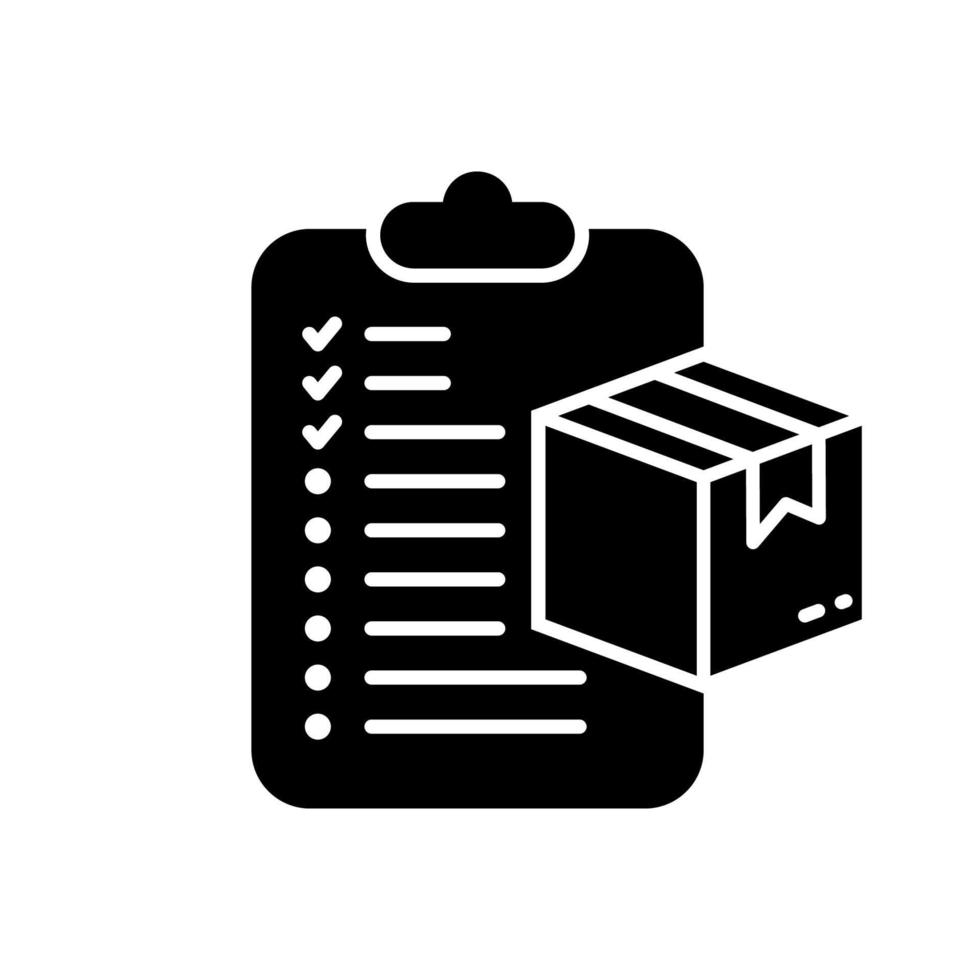 paquete con icono de silueta de envío de lista de verificación. pictograma de glifo de lista de comprobación de caja de entrega. orden de envío del cheque del portapapeles en el letrero de la tienda en línea. entregar checklist de compra. ilustración vectorial aislada. vector