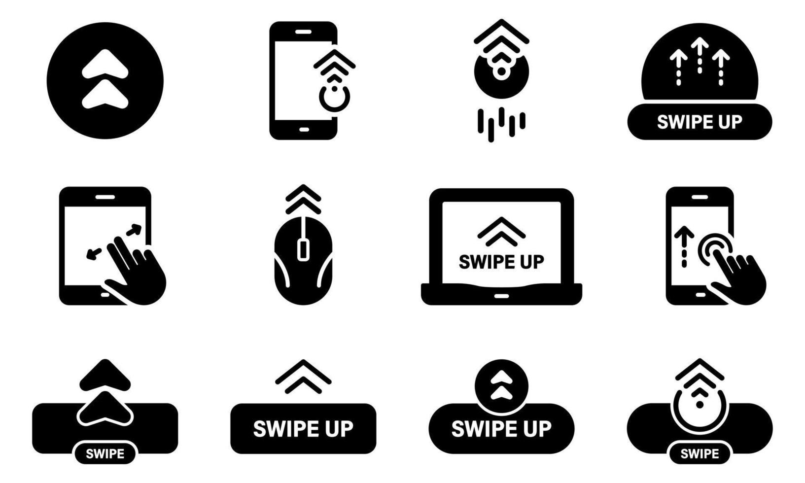 Slide Action Social Media App Silhouette Icon Set. Scroll Drag Move Click Touch Display Gesture Sign. Swipe Button on Smartphone Computer PC Laptop Glyph Pictogram. Isolated Vector Illustration.