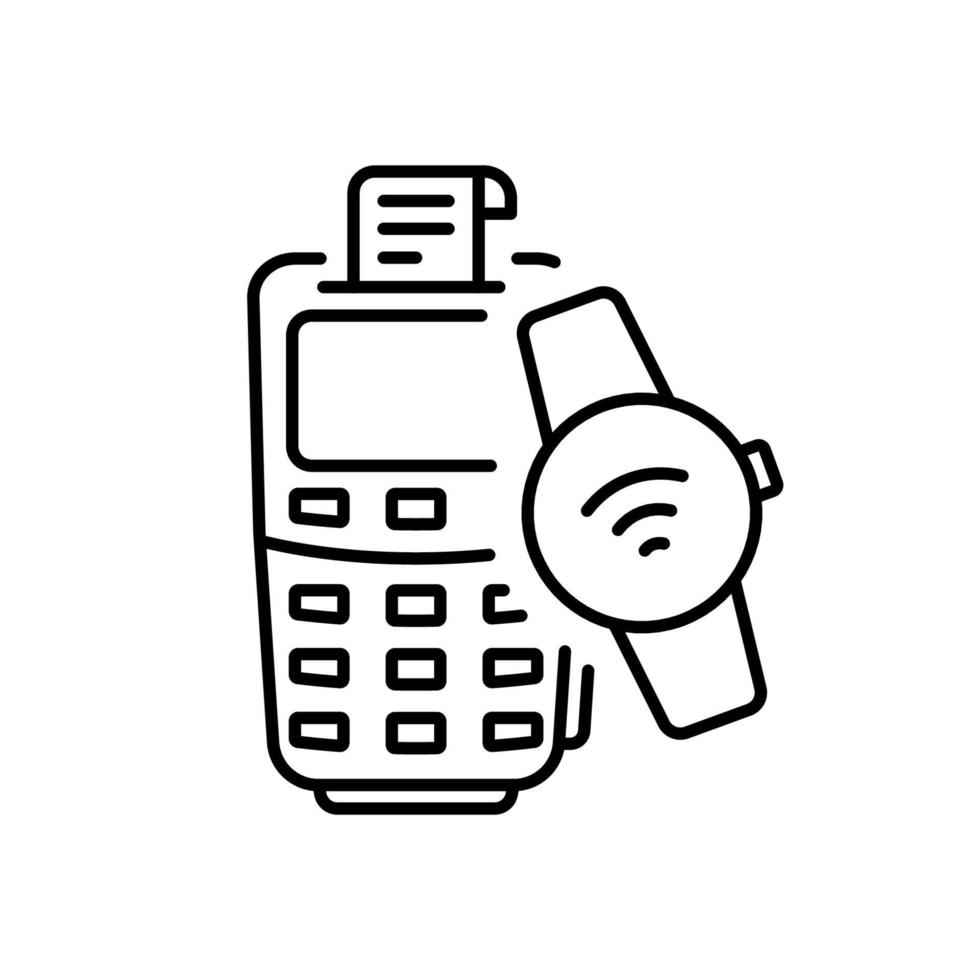 Electronic Smartwatch Paying on POS Line Icon. Wireless Payment on Terminal Transaction Linear Pictogram. NFC Smart Watch for Cashless Pay Outline Icon. Editable Stroke. Isolated Vector Illustration.