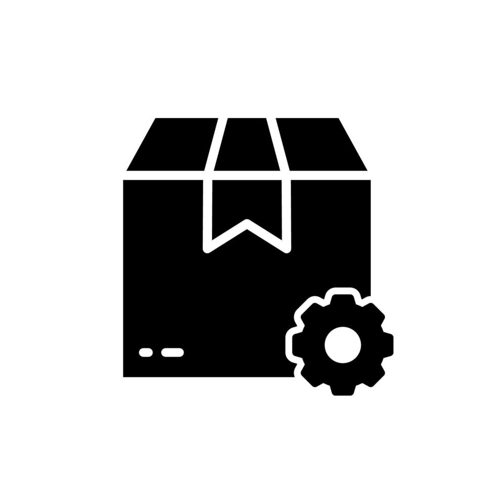Delivery Service Setting Cogwheel and Cardboard Packaging Silhouette Icon. Optimize Process Parcel Box with Gear Glyph Pictogram. Shipping Order Carton Pack Symbol. Isolated Vector Illustration.