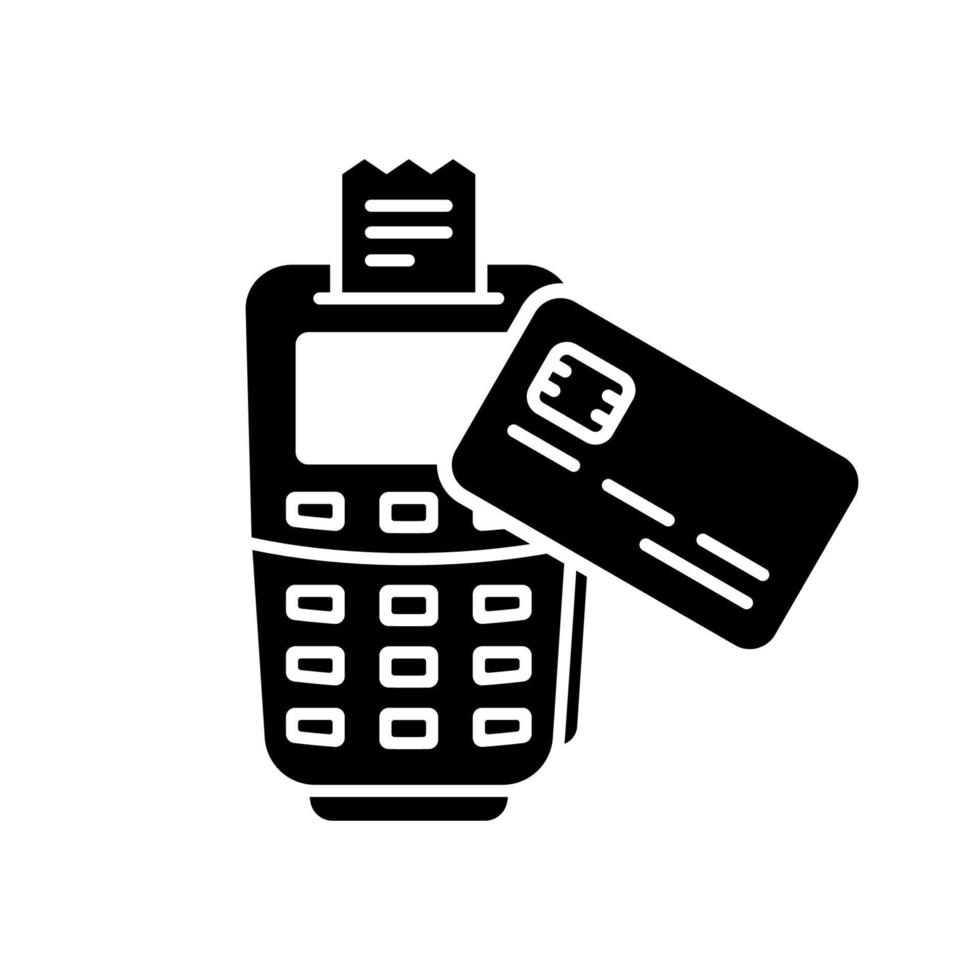 pago sin contacto en el icono de silueta pos. toque la tarjeta bancaria en el terminal para transacciones inalámbricas pictograma de glifo de tecnología nfc. pago con tarjeta de crédito en el icono de la terminal. ilustración vectorial aislada. vector