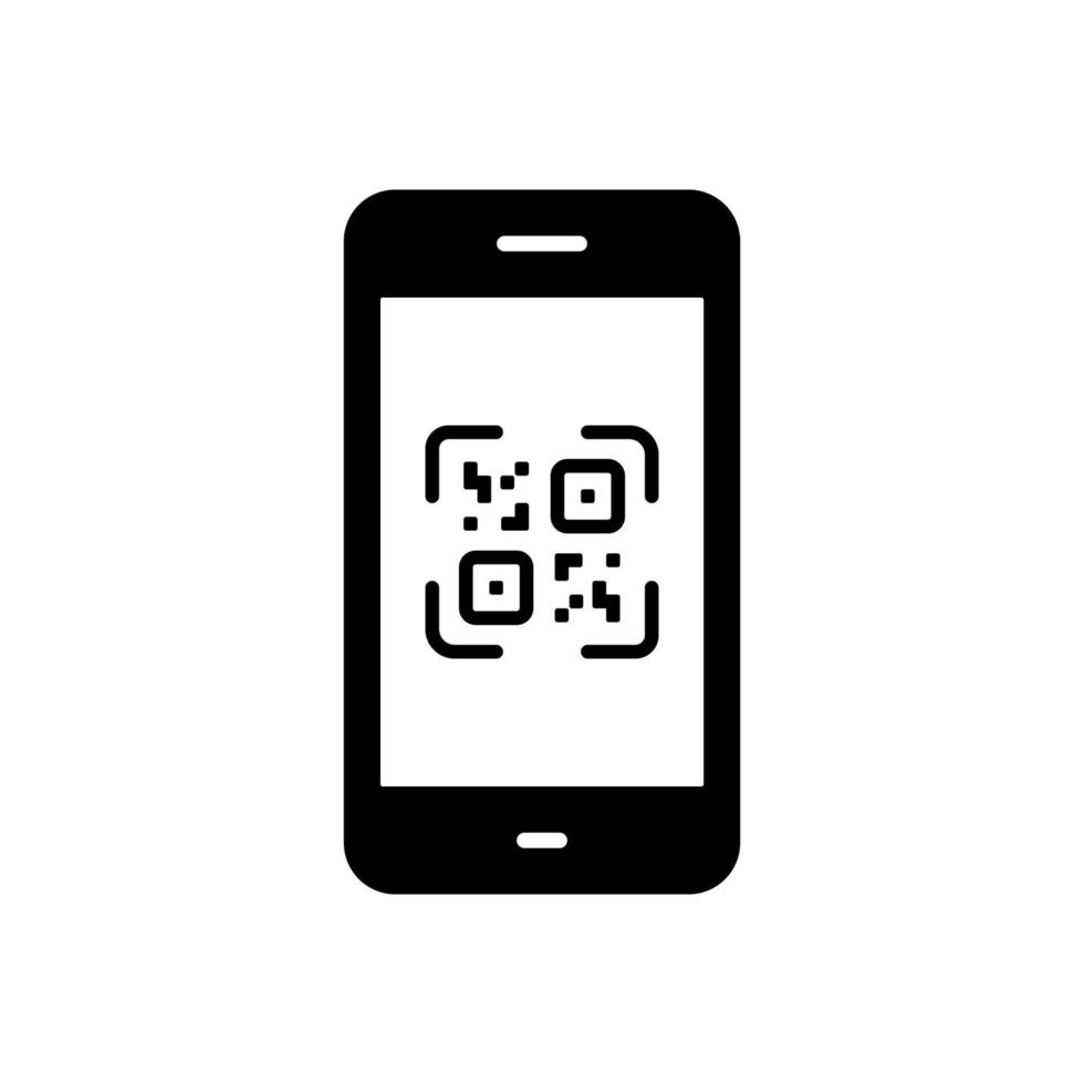 código qr en el icono de la silueta del teléfono móvil. pictograma de glifo de teléfono inteligente de escáner de aplicación qrcode cuadrado sobre fondo blanco. escanee la aplicación de pago con código de barras en el símbolo del dispositivo. ilustración vectorial aislada. vector