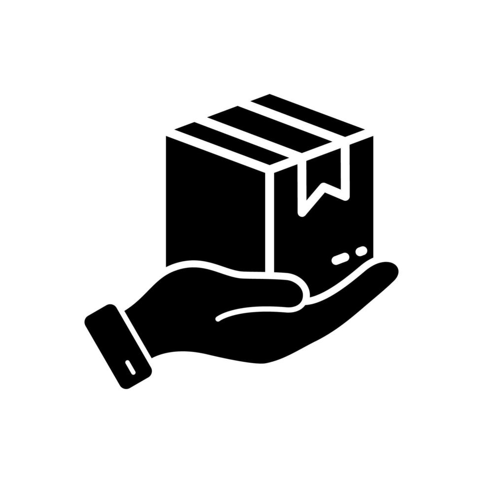 Parcel Box in Hand Silhouette Icon. Receive Present in Carton Package Glyph Pictogram. Give Cardboard Packaging Gift Giveaway Symbol. Courier Giving Box in Palm Sign. Isolated Vector Illustration.