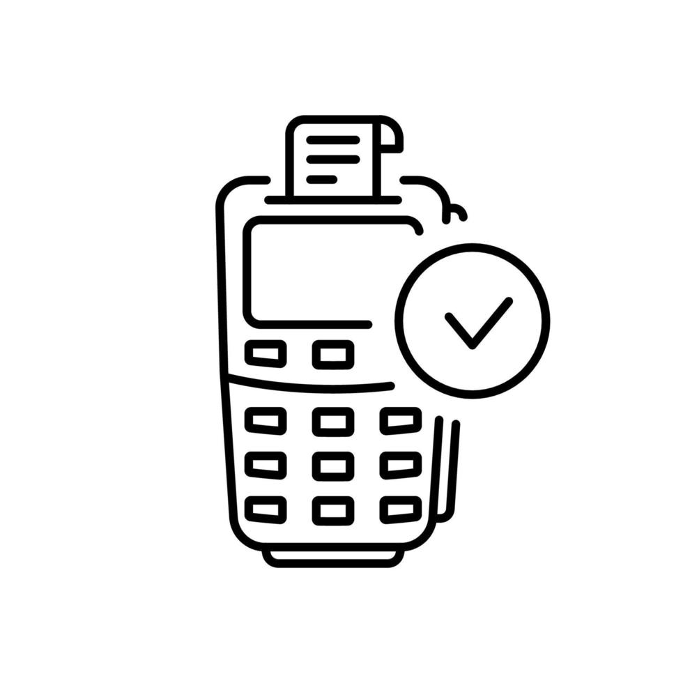 Successful Payment on Pos Checkmark Line Icon. Shopping Approve Transaction on Pos Pictogram. Cashless Purchase Approved Pay on Terminal Outline Icon. Editable Stroke. Isolated Vector Illustration.