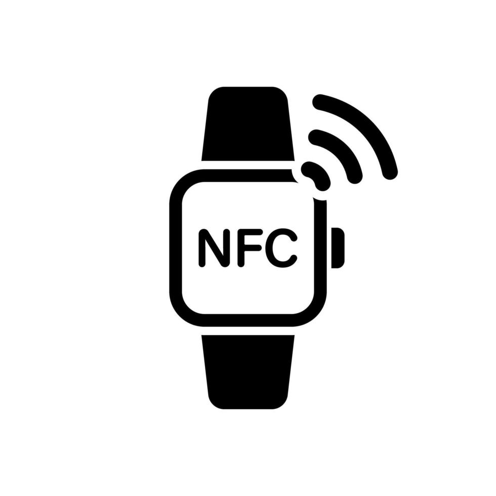 reloj con icono de silueta de tecnología nfc. pulsera smartwatch pago  inalámbrico por pictograma de glifo de compra. pulsera de mano rfid icono  de pago sin efectivo. reloj inteligente nfc. ilustración vectorial