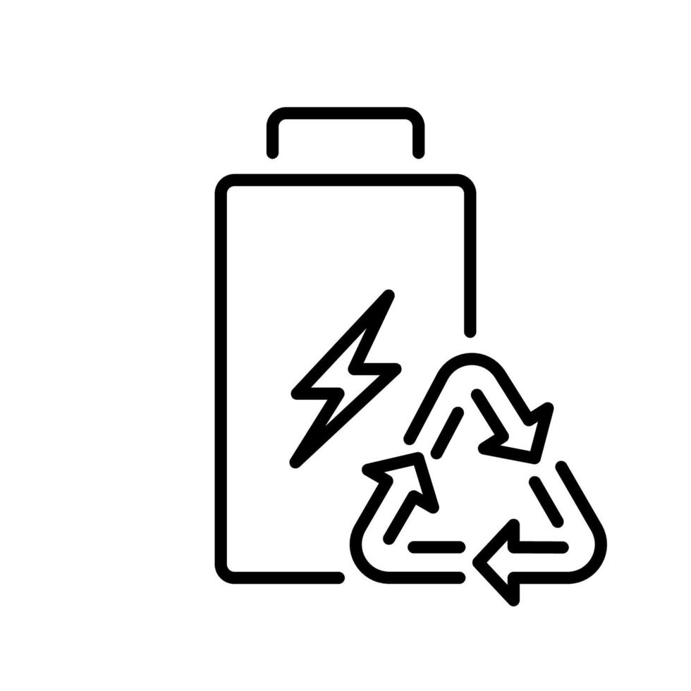 Ecological Renewable Accumulator Line Icon. Green Electricity Energy Linear Pictogram. Rechargeable Eco Battery Triangle Arrows Outline Symbol. Editable Stroke. Isolated Vector Illustration.