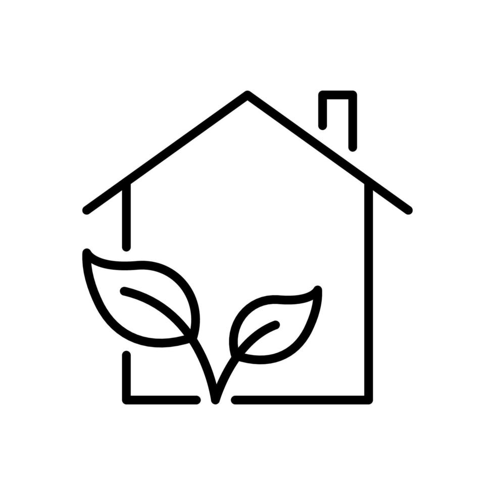 Eco Green House Line Icon. Ecology Real Estate Building with Leaf Pictogram. Environment Conservation Architecture Outline Icon. Bio Natural House. Editable Stroke. Isolated Vector Illustration.