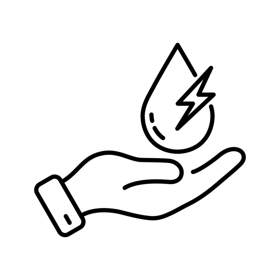 Hand Hold Water Drop Hydropower Concept Line Icon. Hydroelectric Green Renewable Energy Linear Pictogram. Water Electricity Energy Outline Symbol. Editable Stroke. Isolated Vector Illustration.