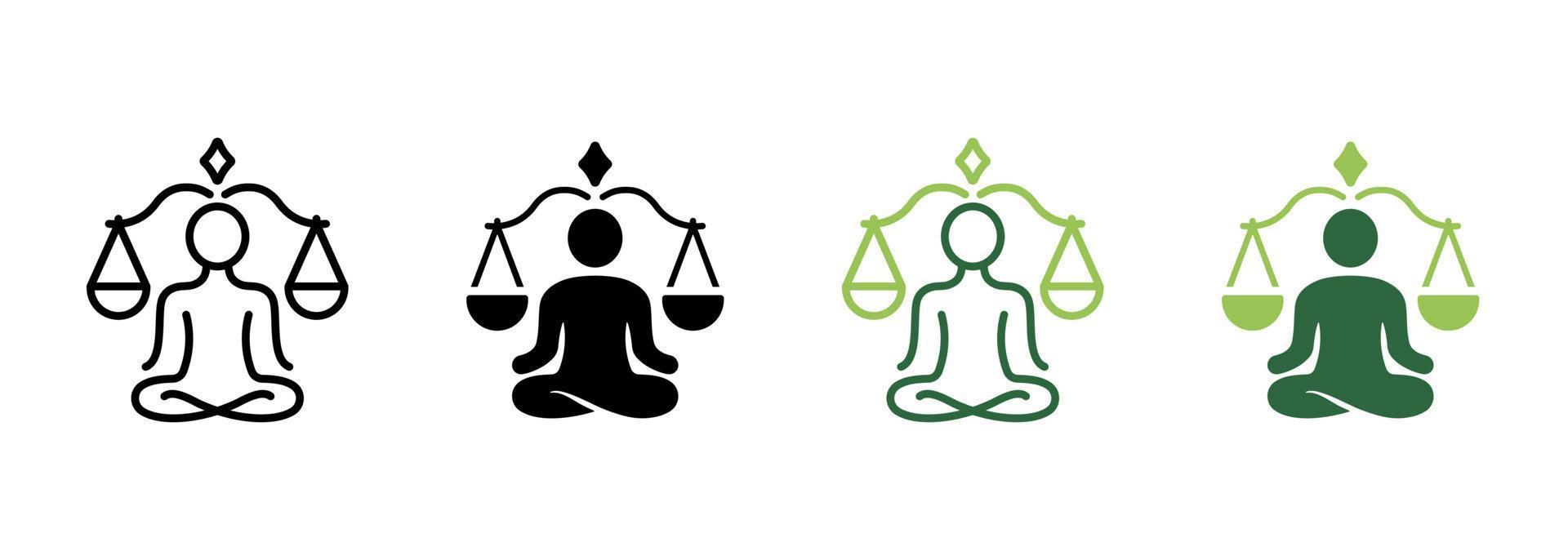 Yoga Balance Relax Silhouette and Line Icon. Spiritual Zen Person in Pose Lotus and Scales Pictogram. Wellness Health Mind Icon. Figure Man in Pose Lotus. Editable Stroke. Vector Illustration.