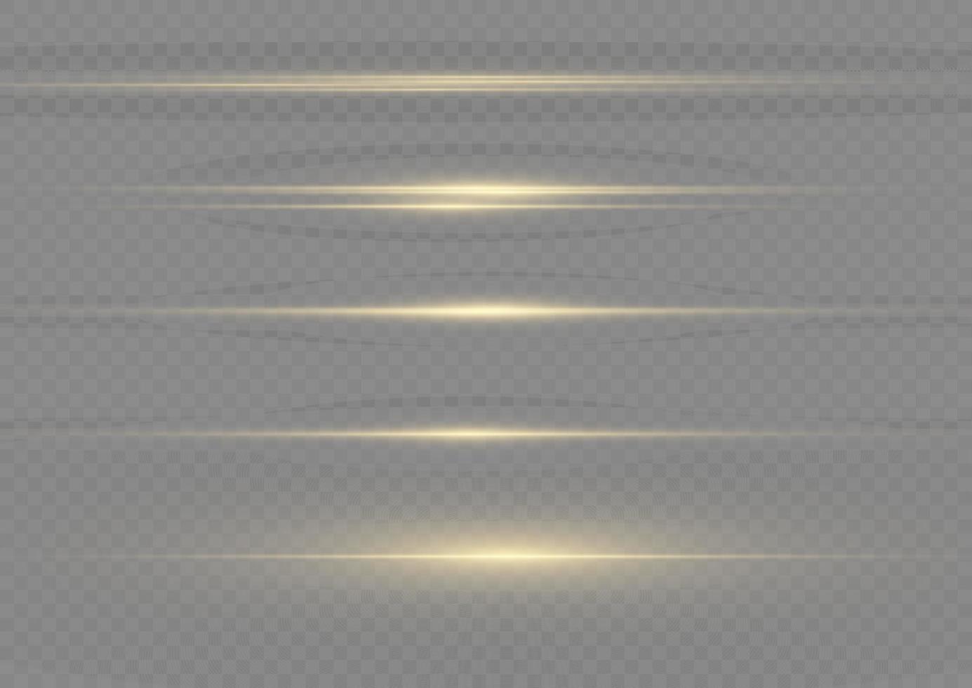 Yellow horizontal lens flares pack. Laser beams, horizontal light rays. Beautiful light flares. Flash light with fairy dust sparks and golden stars shine. Dusty shine light. vector