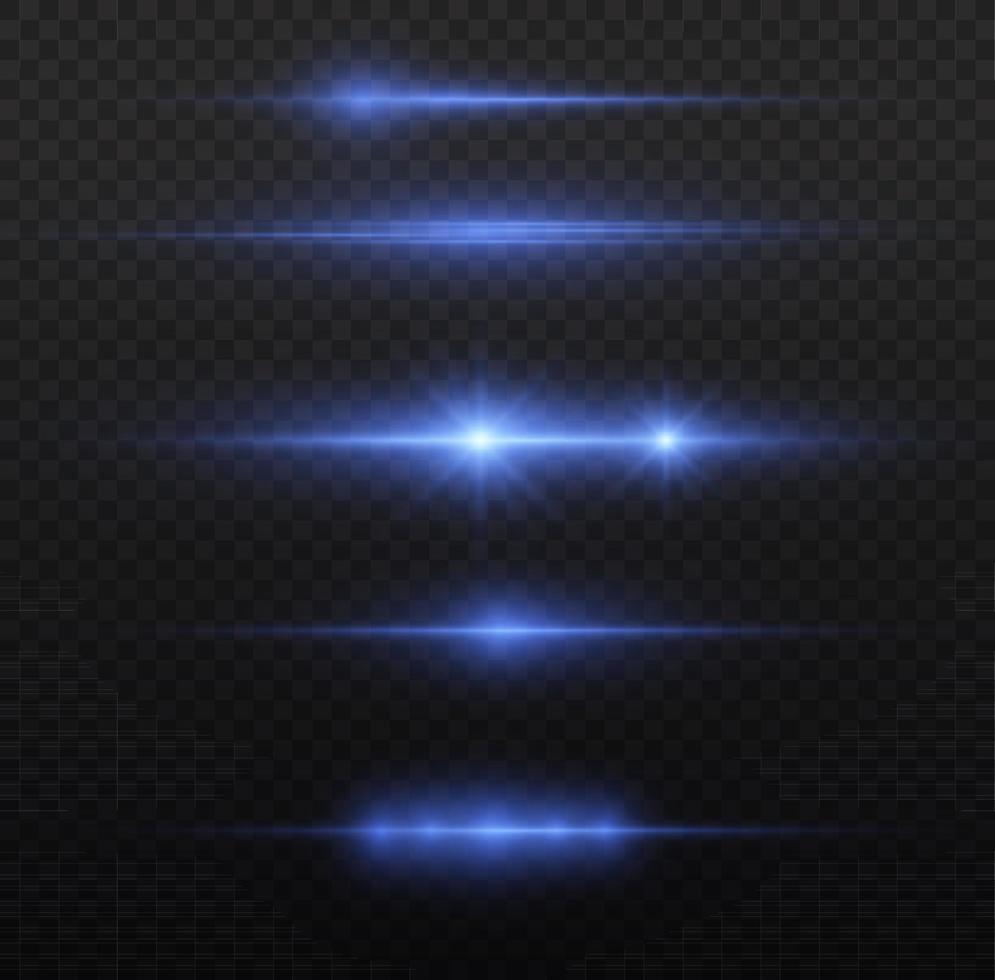 Blue horizontal lens flares pack. Laser beams, horizontal light rays. Beautiful light flares. Flash light with fairy dust sparks and golden stars shine. Dusty shine light. vector