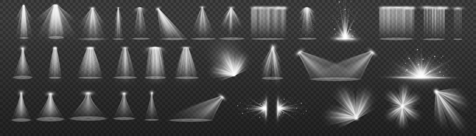 Vector spotlight. White color light effect. Glowing isolated golden sparkling light effect. Spark spotlight special effect design. Ray vector element.