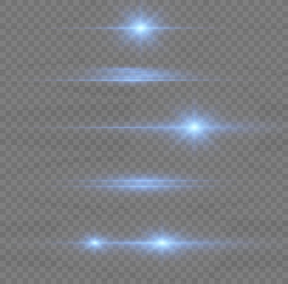 paquete de destellos de lentes horizontales azules. rayos láser, rayos de luz horizontales. hermosos destellos de luz. luz de flash con chispas de polvo de hadas y estrellas doradas brillan. luz de brillo polvoriento. vector