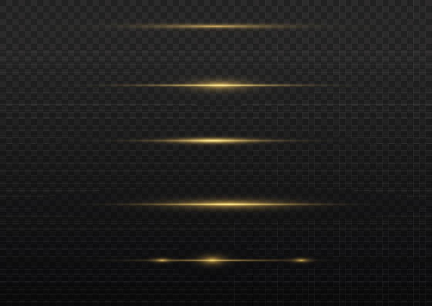 Yellow horizontal lens flares pack. Laser beams, horizontal light rays. Beautiful light flares. Flash light with fairy dust sparks and golden stars shine. Dusty shine light. vector