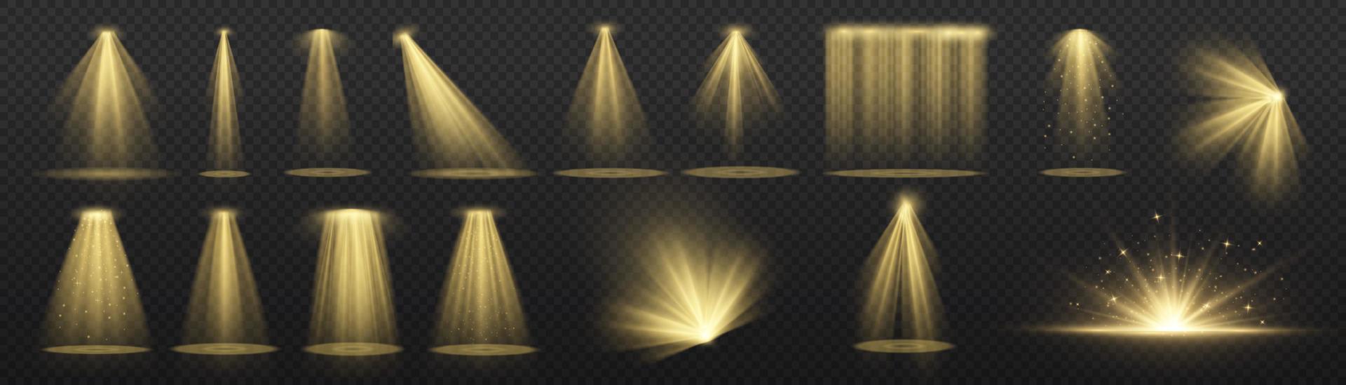 Vector spotlight. Yellow color light effect. Glowing isolated golden sparkling light effect. Spark spotlight special effect design. Ray vector element. Glowing isolated yellow