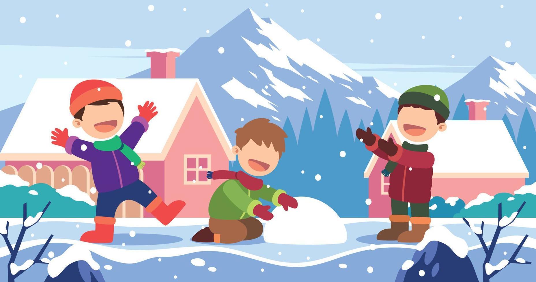 niños jugando nieve en la ilustración del paisaje invernal vector