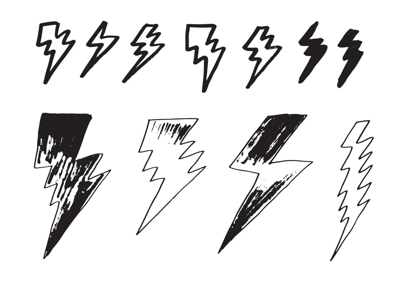 set of hand drawn vector doodle electric lightning bolt symbol sketch illustrations. thunder symbol doodle icon.