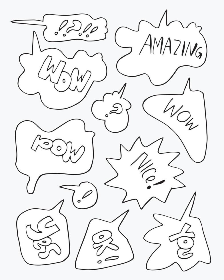 Hand drawn set of speech bubbles with handwritten short phrases  wow,pow,amazing,nice,yes,you,ok on gray background. vector