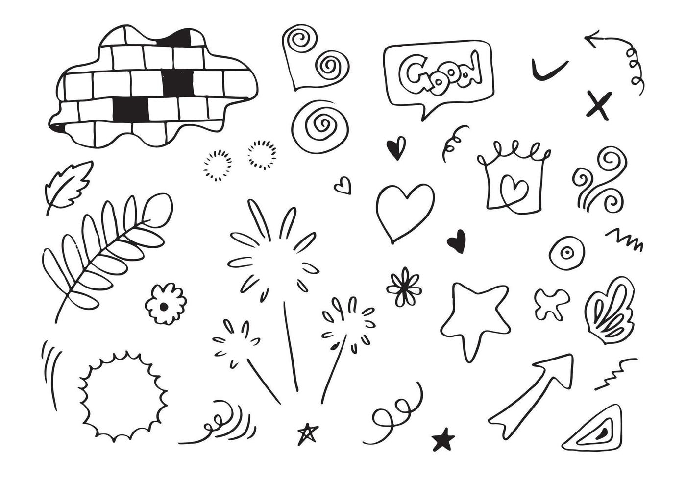 Hand drawn set elements, black on white background. Wall,Arrow, heart, love, star, leaf, circle, light, flower, crown,Swishes, swoops, emphasis ,swirl ,speech bubble for concept design. vector