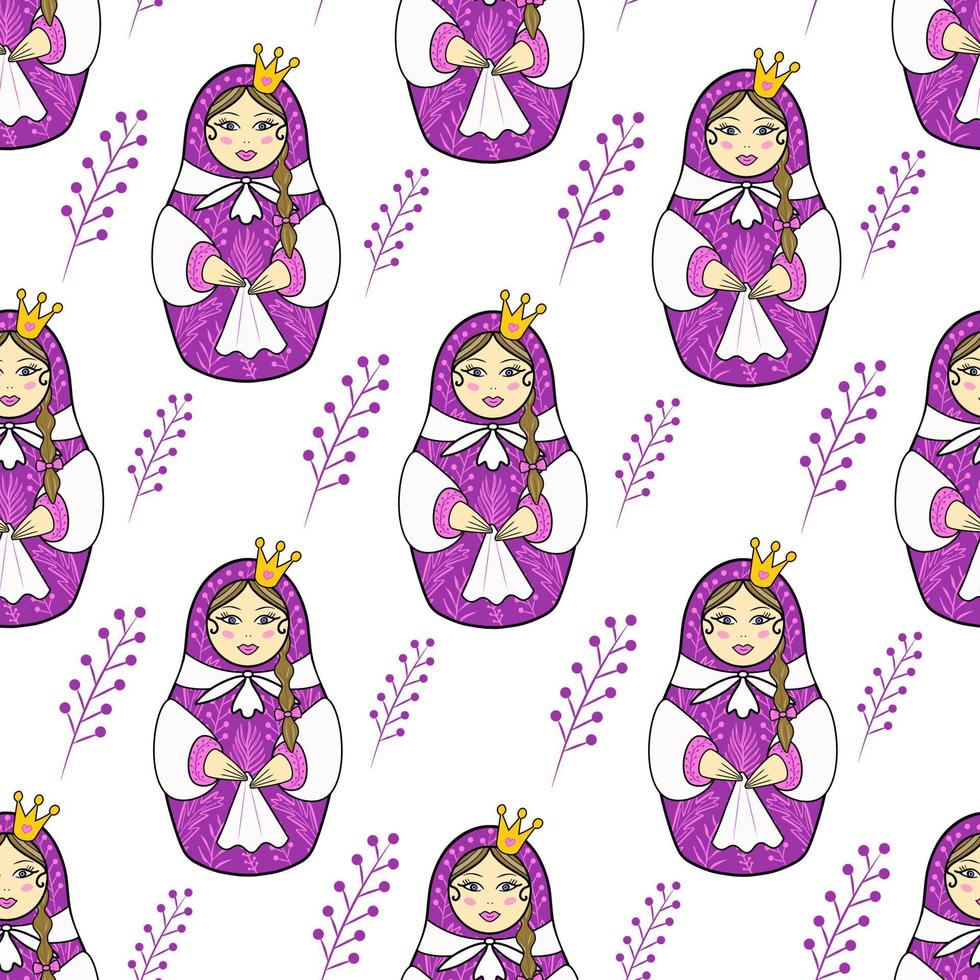 muñeca matryoshka de patrones sin fisuras. ilustración para impresión, fondos, cubiertas y embalaje. la imagen se puede utilizar para tarjetas de felicitación, afiches, pegatinas y textiles. aislado sobre fondo blanco. vector