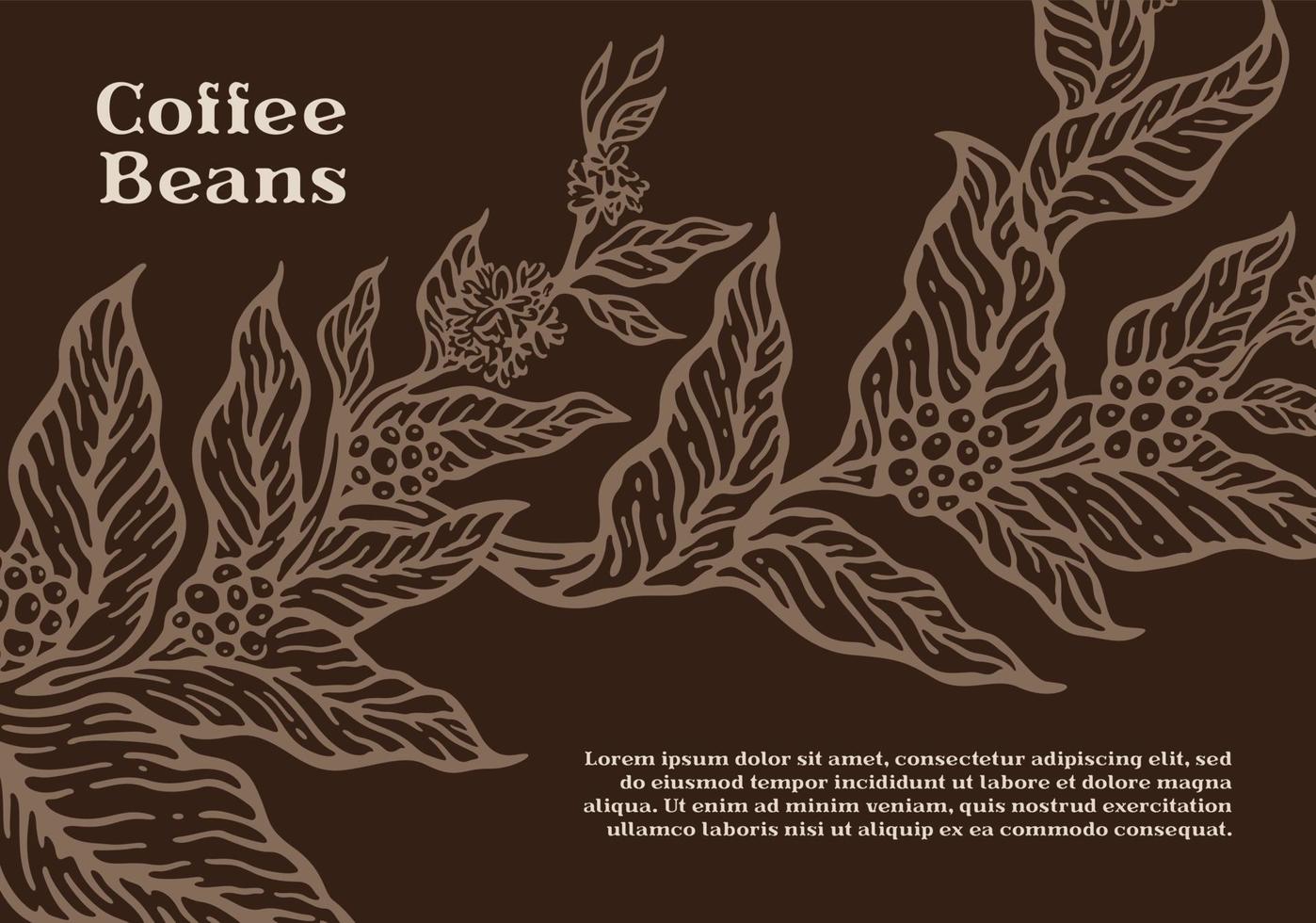 Coffee tree branch template with natural coffee leaves and beans. Botanical illustration. vector