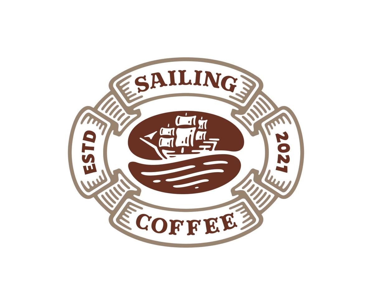 coffee bean logo badge with sailing ship illustration in vintage design ...