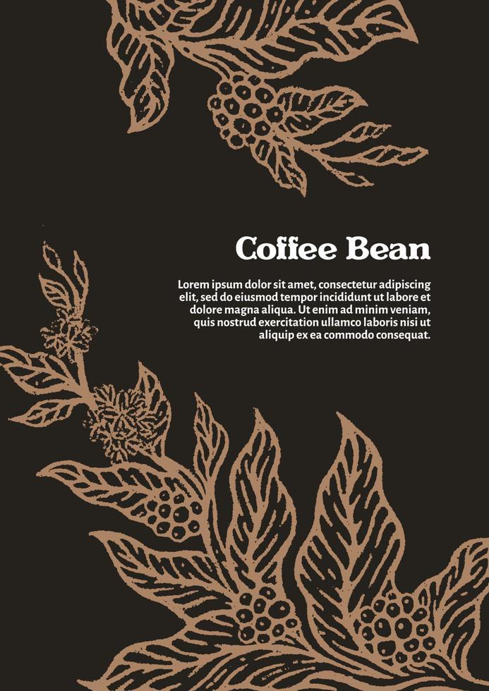 plantilla de rama dorada de cafeto con hojas, flores y granos de café naturales. vector