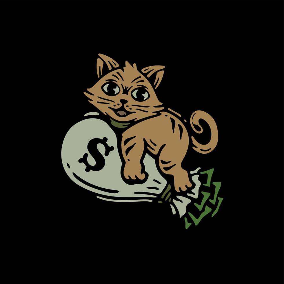 illustration of a cat hugging a money bag with doodle design vector
